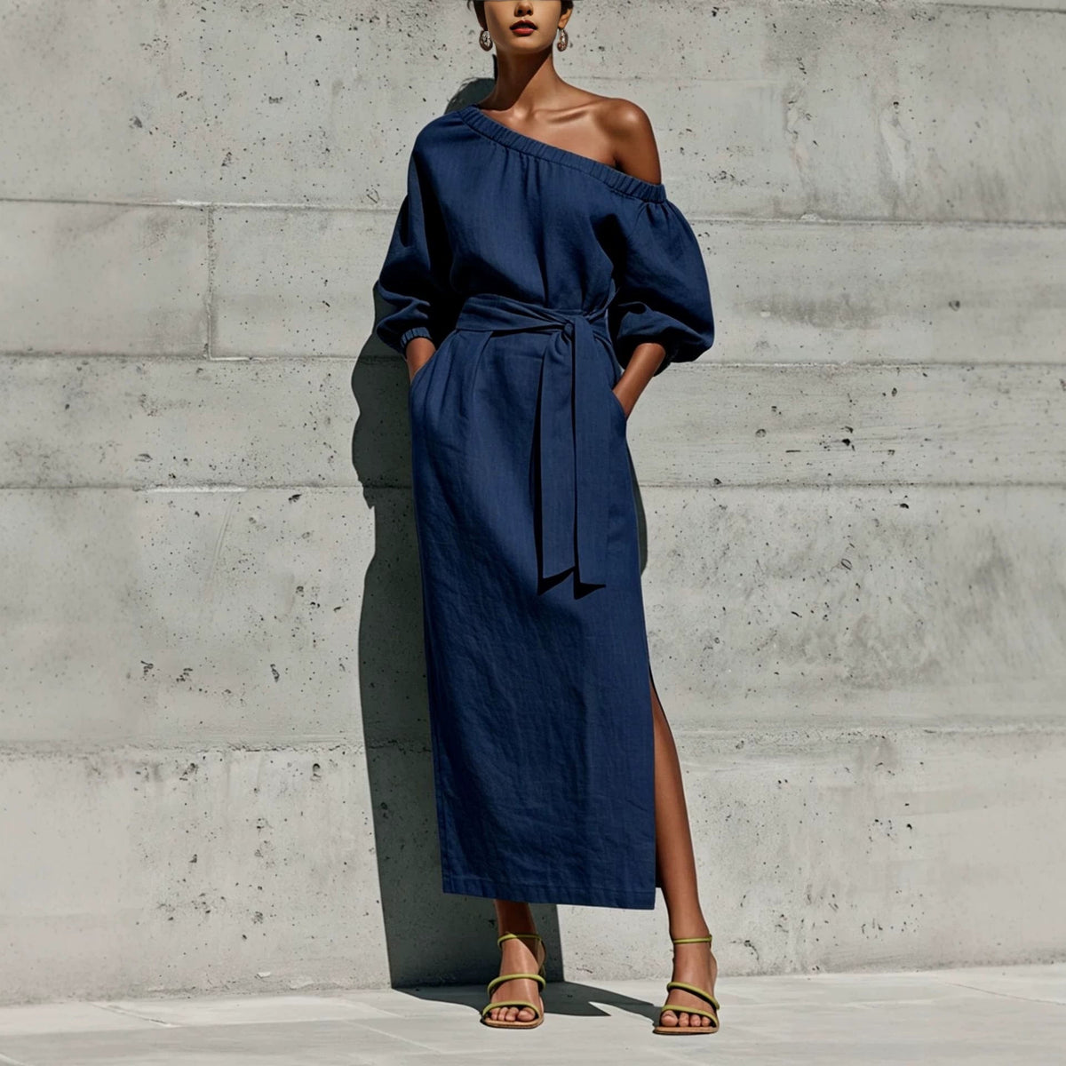 Linen One Shoulder Puff Sleeve Tie Waist Side Slit Midi Dress