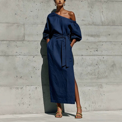 Linen One Shoulder Puff Sleeve Tie Waist Side Slit Midi Dress