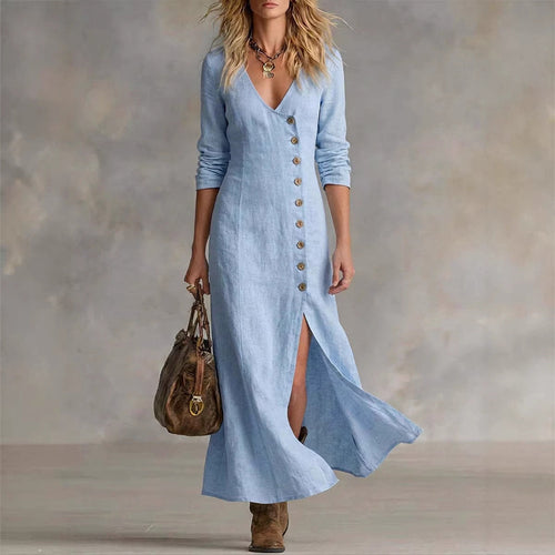 Robes longues mode en coton et lin à plusieurs boutons