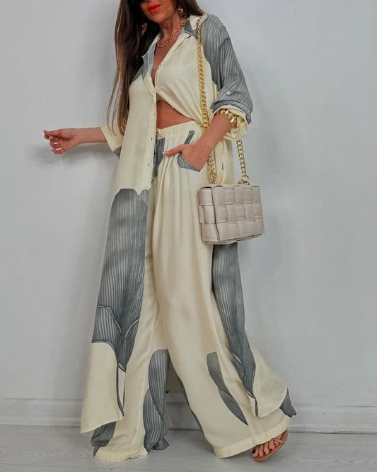 Women’s V-neck Patchwork Top and Pants Casual Set - White / S - Matching Sets