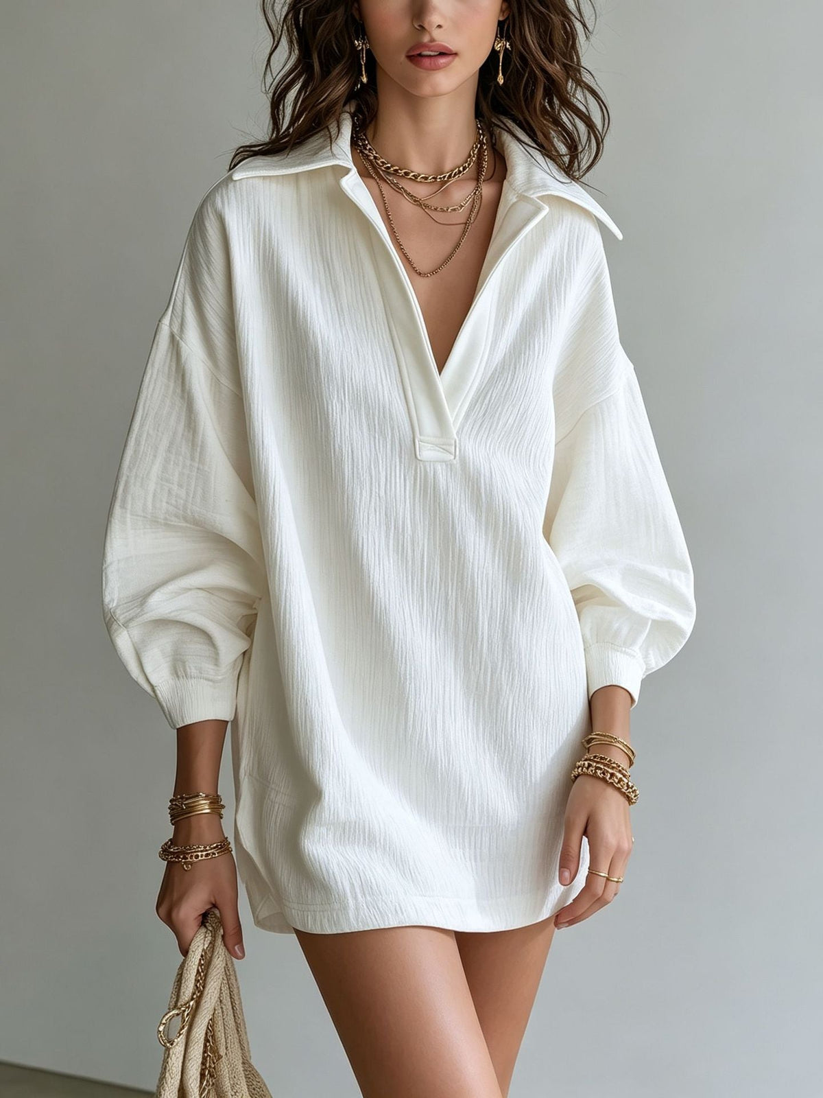 Robe Tunique Col V Texture Crinkle Femme Manches Longues Ample Décontractée Mini-Robe