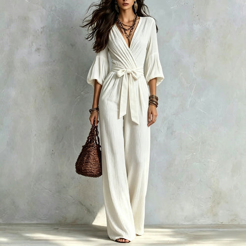 V‑Neck Wrap Belted Textured Wide‑Leg Jumpsuit With Balloon Sleeves - White / S