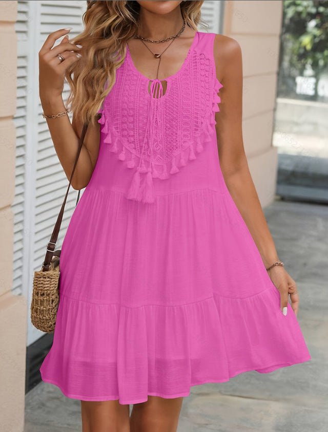 Crochet Lace Tassel‑Trim Sleeveless Tiered Mini Dress - Glitter / S