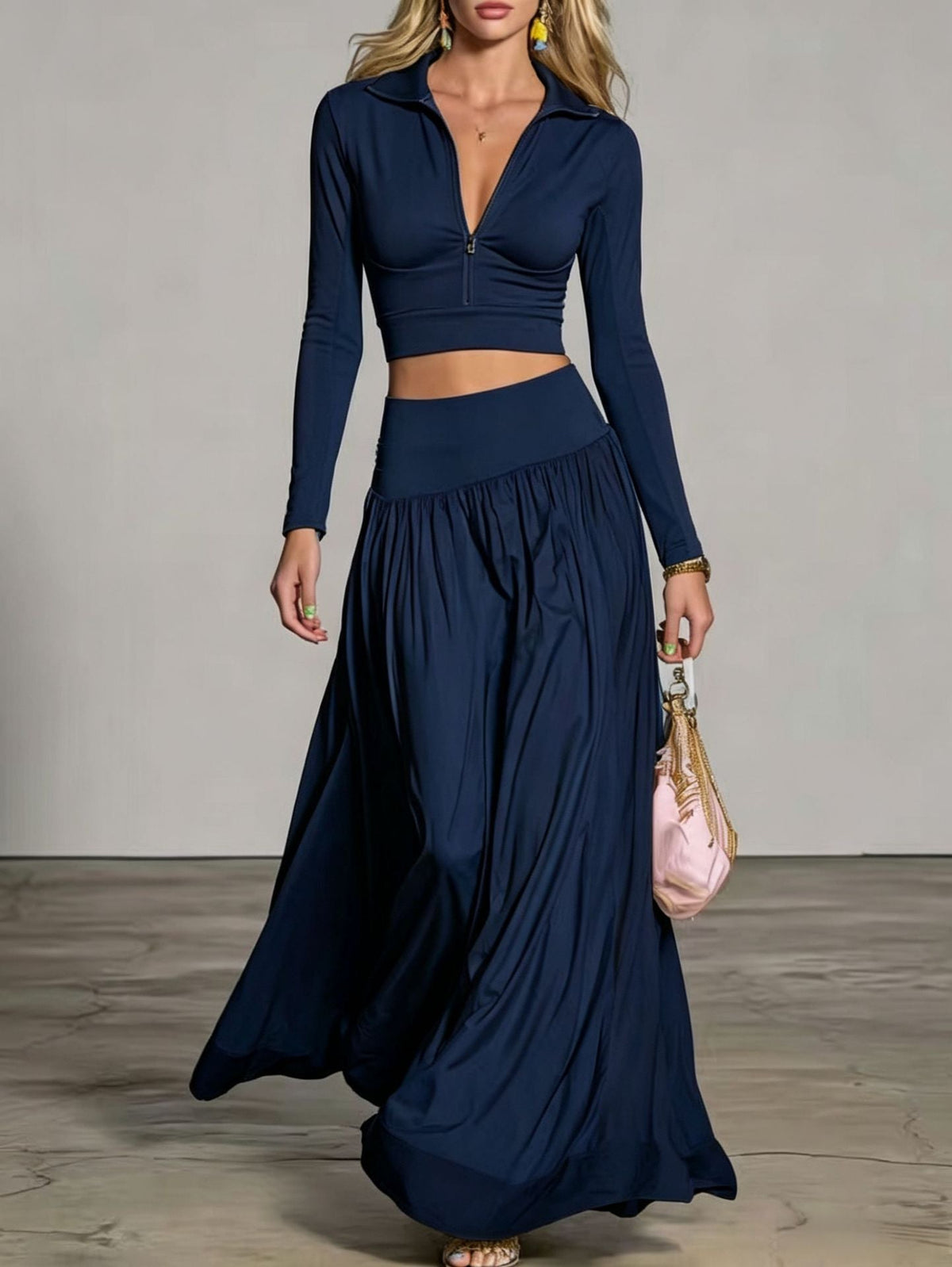 Half‑Zip Crop Top & High‑Waist Flowy Maxi Skirt Two‑Piece Set - Navy blue / S