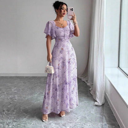 Floral Print Ruched Flutter Sleeve Maxi Dress