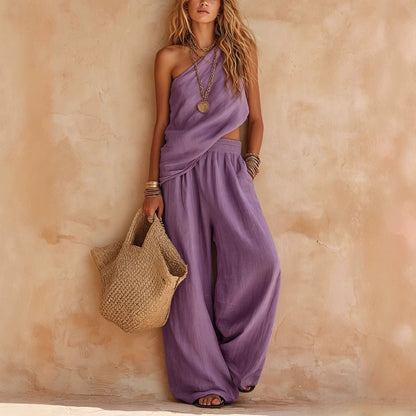 Dusty Pink Asymmetrical One-Shoulder Linen Two-Piece Pants Set