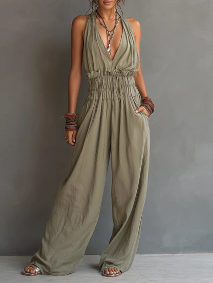 Halter Deep V Smocked Elastic Waist Wide Leg Palazzo Jumpsuit