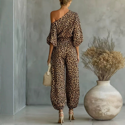 Leopard Print One Shoulder Batwing Top & Cuffed Harem Jogger 2 Piece Co-Ord Set