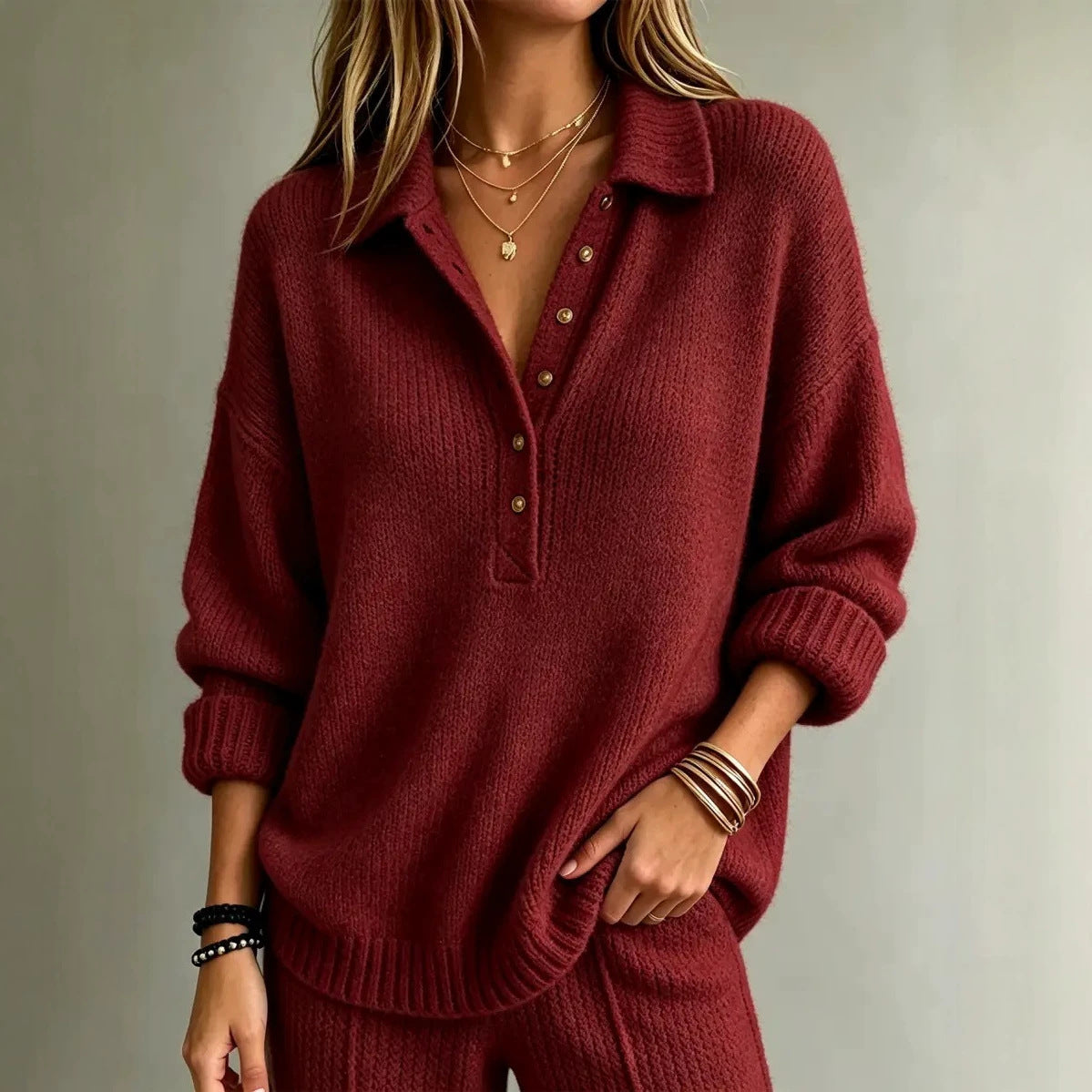 Pull Henley en maille à col lâche pour femme, manches longues, couleur unie, décontracté