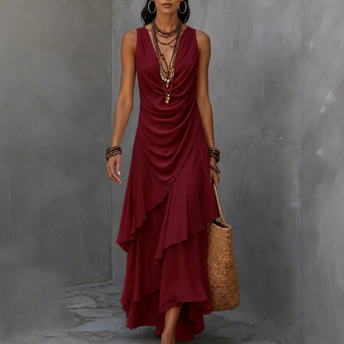 Sleeveless Draped V-Neck Asymmetrical Ruffle Maxi Dress
