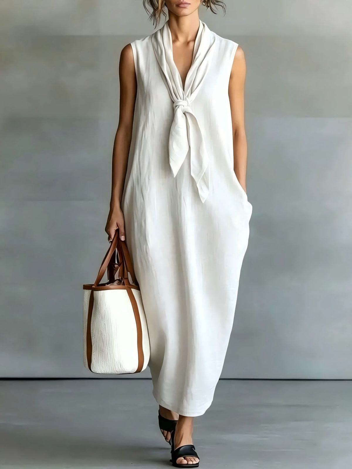 Natural Beige Linen Sleeveless Front Tie Knot Midi Shift Dress