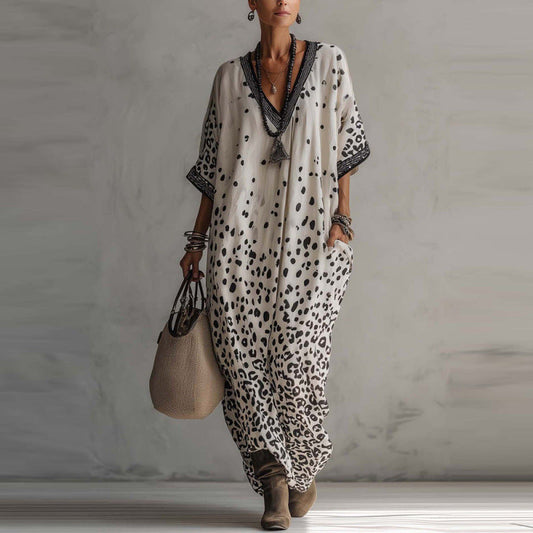 White Gradient Leopard Print Batwing Caftan Maxi Kaftan Dress