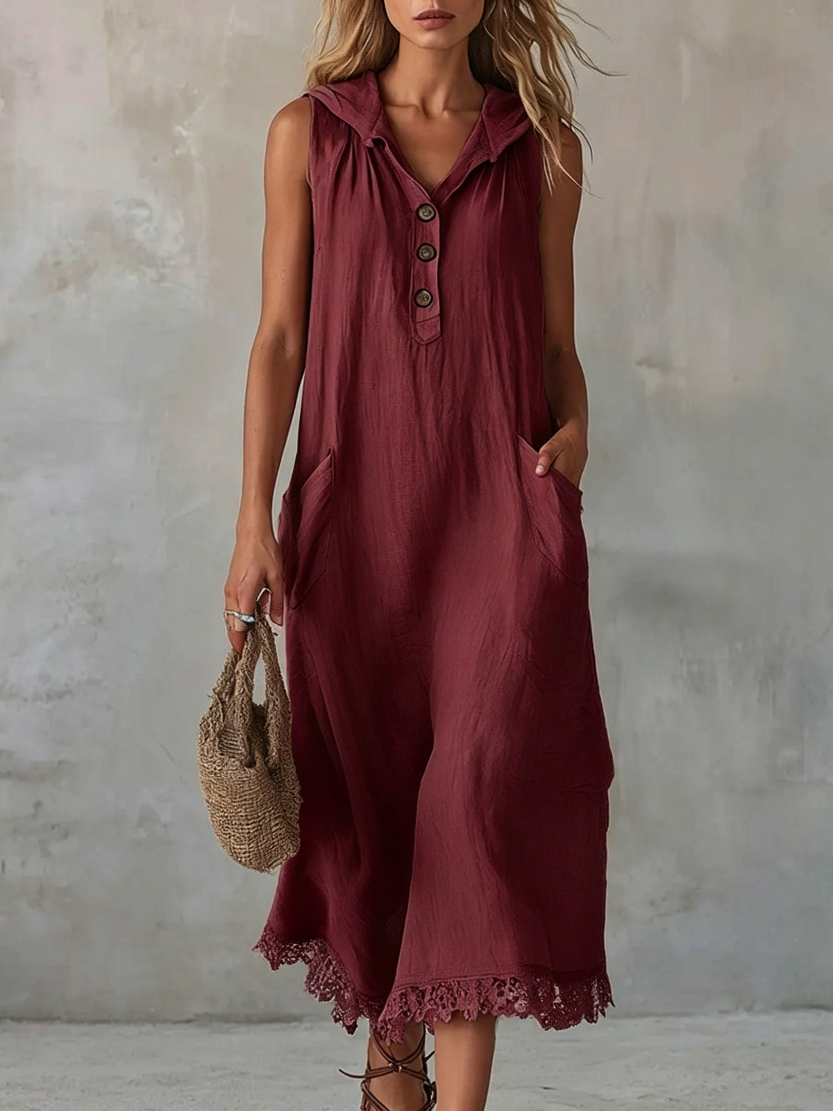 Sleeveless Collared Half Button Lace Hem Linen Midi Dress