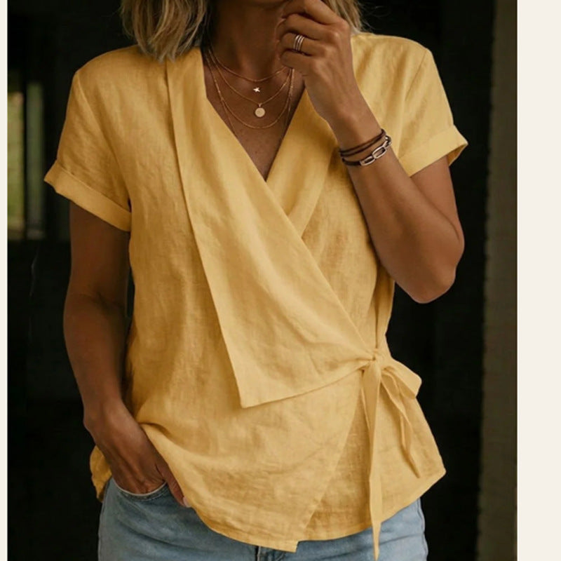 Wrap Tie Waist Linen Blend Short Sleeve V-Neck Blouse