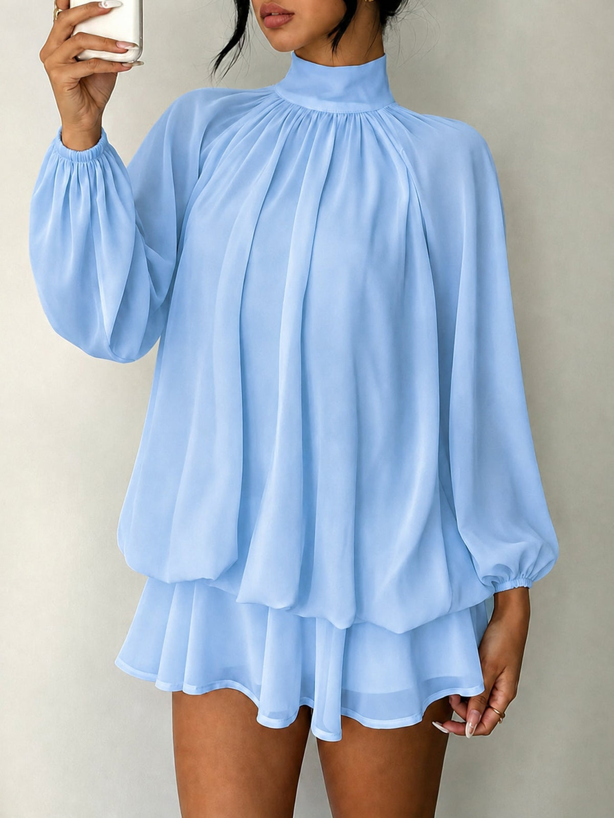 Mock Neck Long Sleeve Skort Dress Women Solid Ruffle Layer Hem Loose Casual Mini Dress - Light Blue / XS