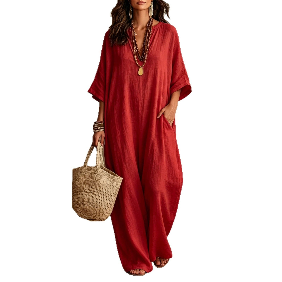 Robe Kaftan Longue Ample en Mélange de Lin à Manches Courtes Col V et Poches