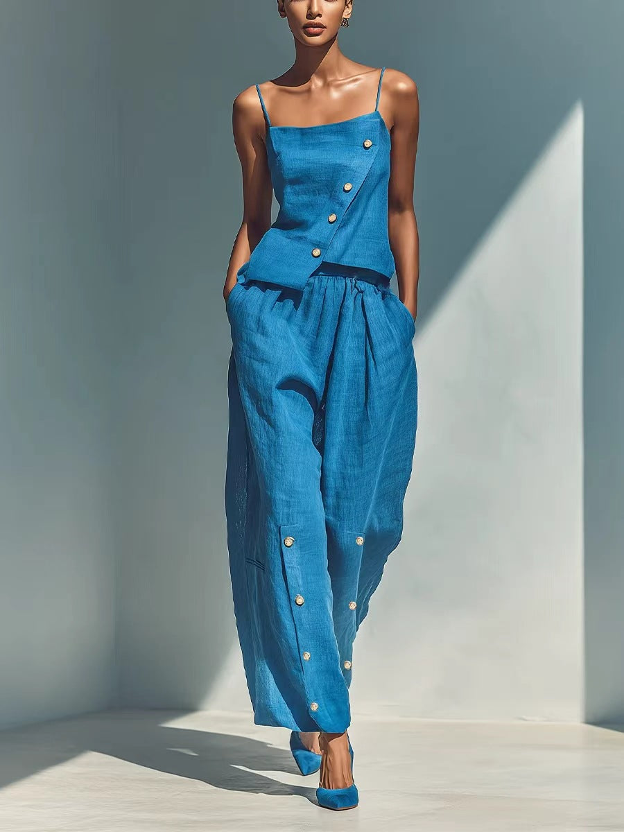 Bright Blue Linen‑Blend Cami Top & Wide‑Leg Pants Two‑Piece Set