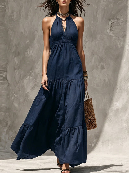 Halter Keyhole Neck Crinkled Tiered Maxi Dress