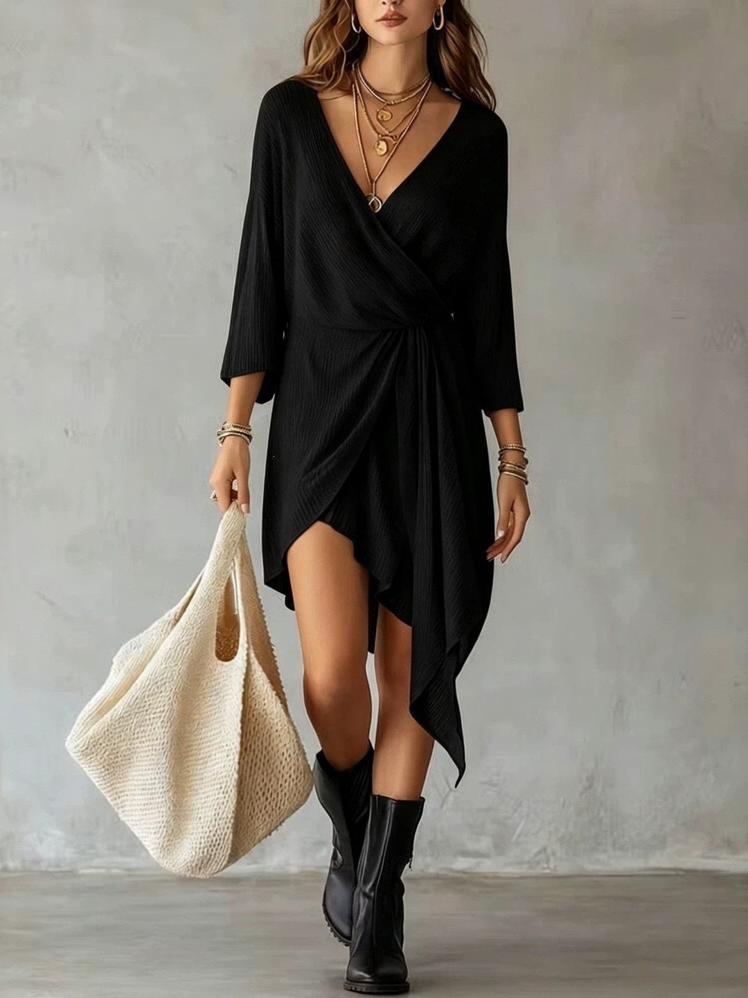 Cream Ribbed Knit Wrap‑Front Asymmetrical Mini Dress