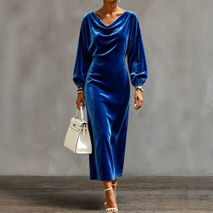Robe midi en velours à col cache‑cou et manches bouffantes