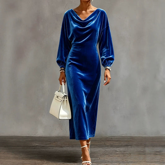 Robe midi en velours à col cache‑cou et manches bouffantes