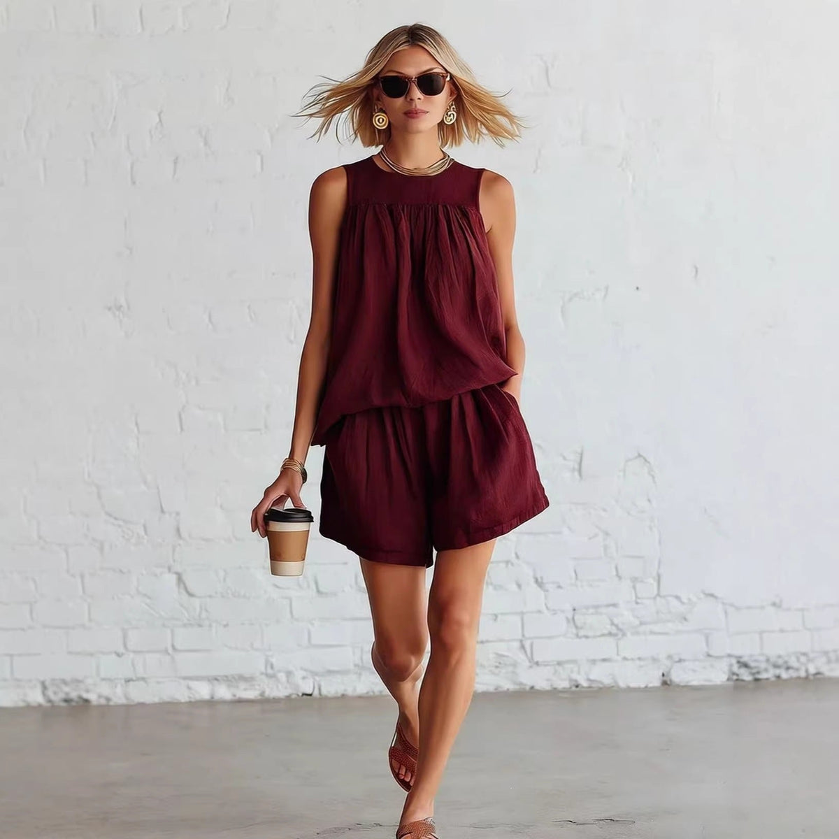 Crinkled Casual Two Piece Short Set