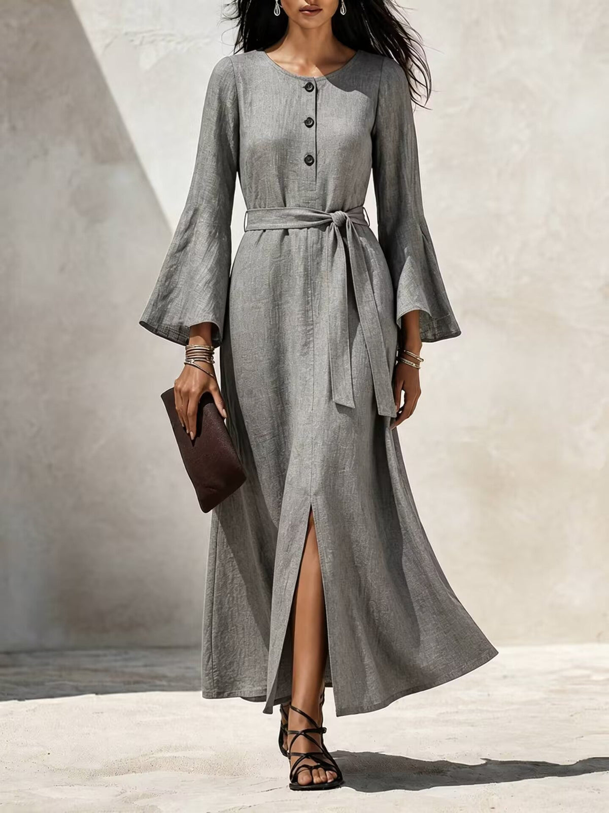 Linen‑Blend Flare‑Sleeve Maxi Dress