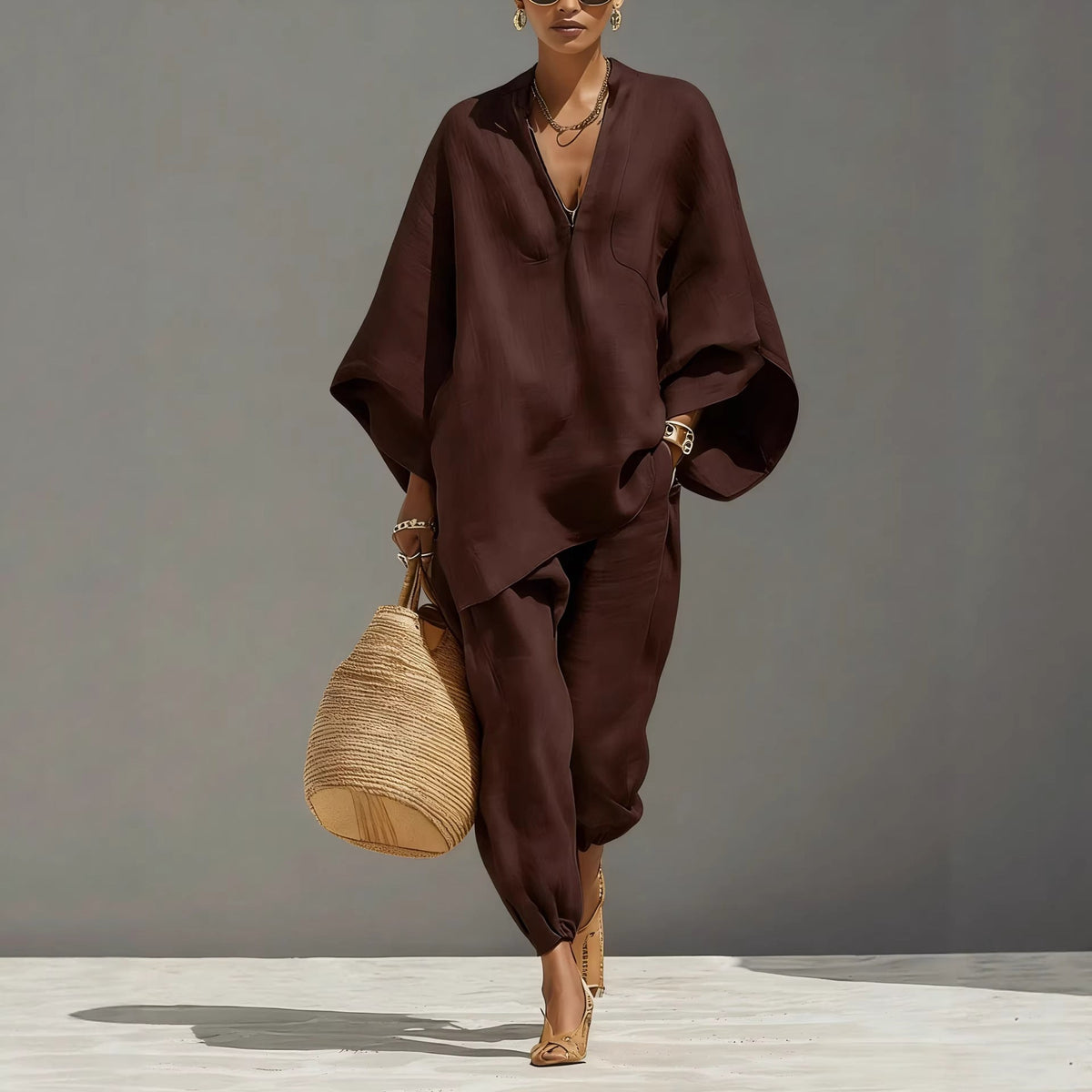 Ensemble lin neutre pour femme avec ourlet asymétrique & design minimaliste, ensemble de style décontracté‑quotidien sophistiqué