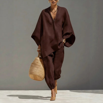 Ensemble lin neutre pour femme avec ourlet asymétrique & design minimaliste, ensemble de style décontracté‑quotidien sophistiqué