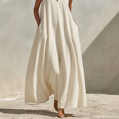 Stand Collar Sleeveless Linen Blend Pocketed Oversized Maxi Dress