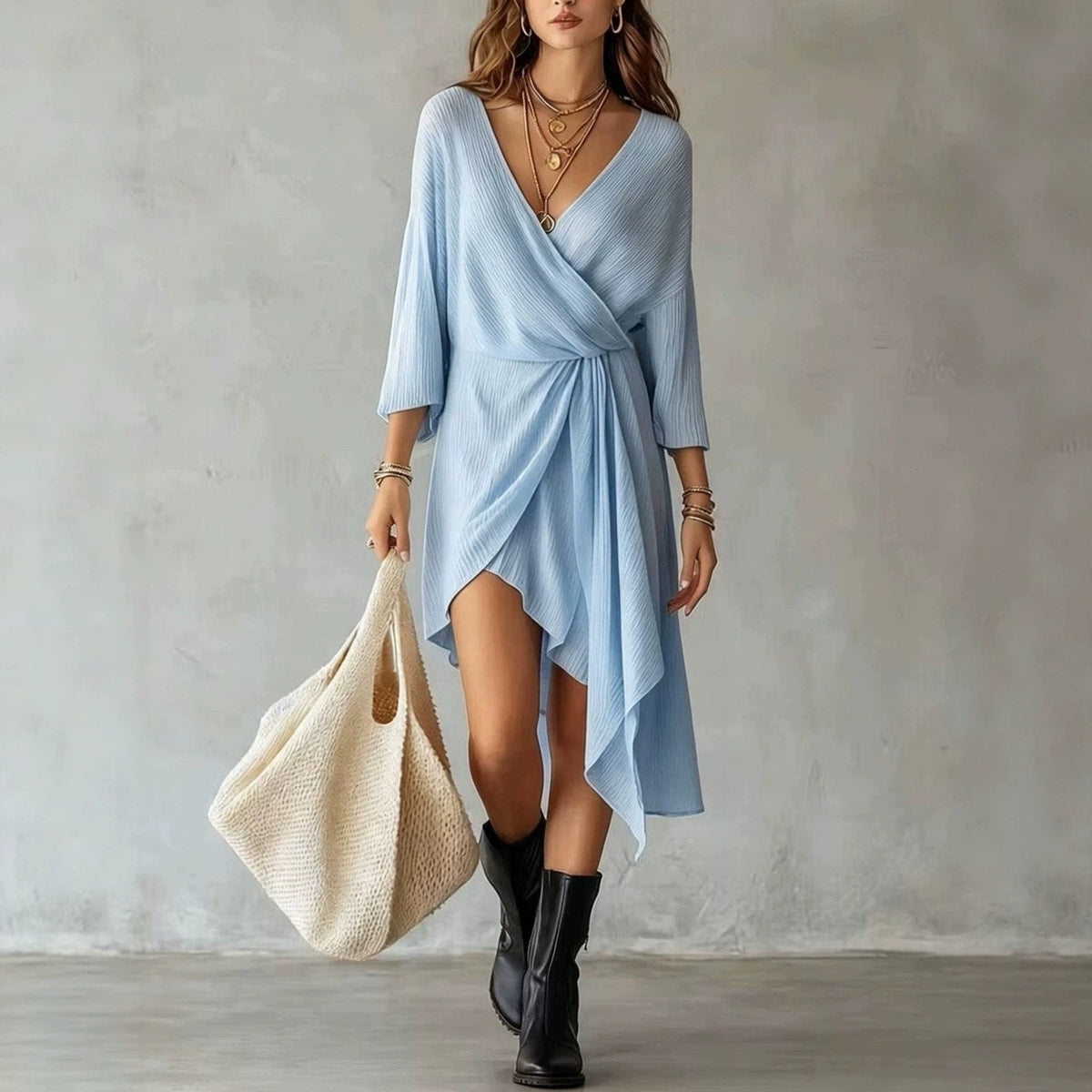 Cream Ribbed Knit Wrap‑Front Asymmetrical Mini Dress