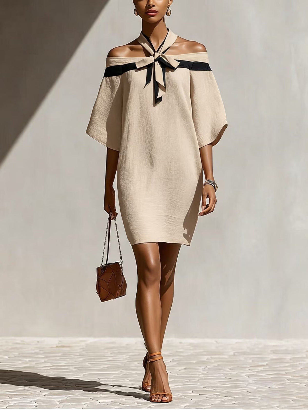 Contrast Halter Tie Off Shoulder Loose Mini Tunic Dress