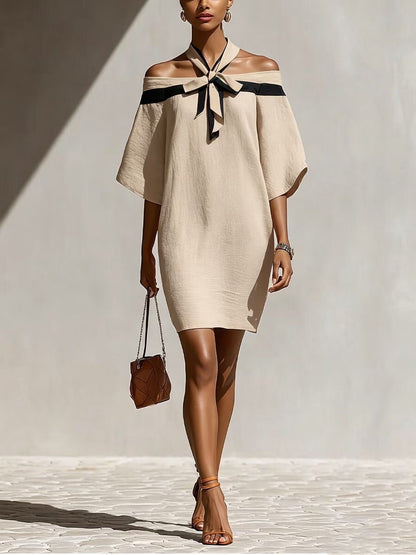 Contrast Halter Tie Off Shoulder Loose Mini Tunic Dress