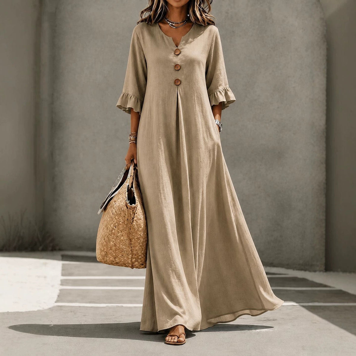 V-Neck Ruffle Sleeve Linen Maxi Dress