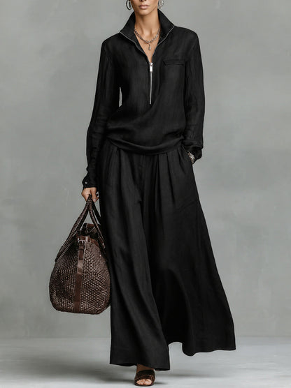 Ensemble deux pièces en lin pour femme : haut demi-zippé et pantalon large – Tenue décontractée coordonnée