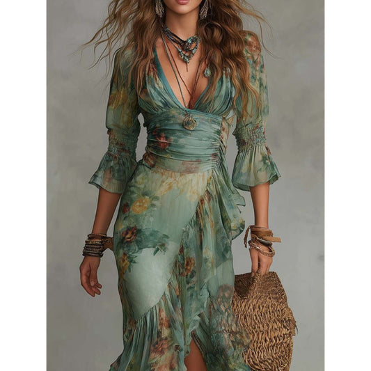 Deep‑V Smocked Waist Floral Chiffon Wrap Maxi Dress With Ruffled High‑Low Hem - Green / S