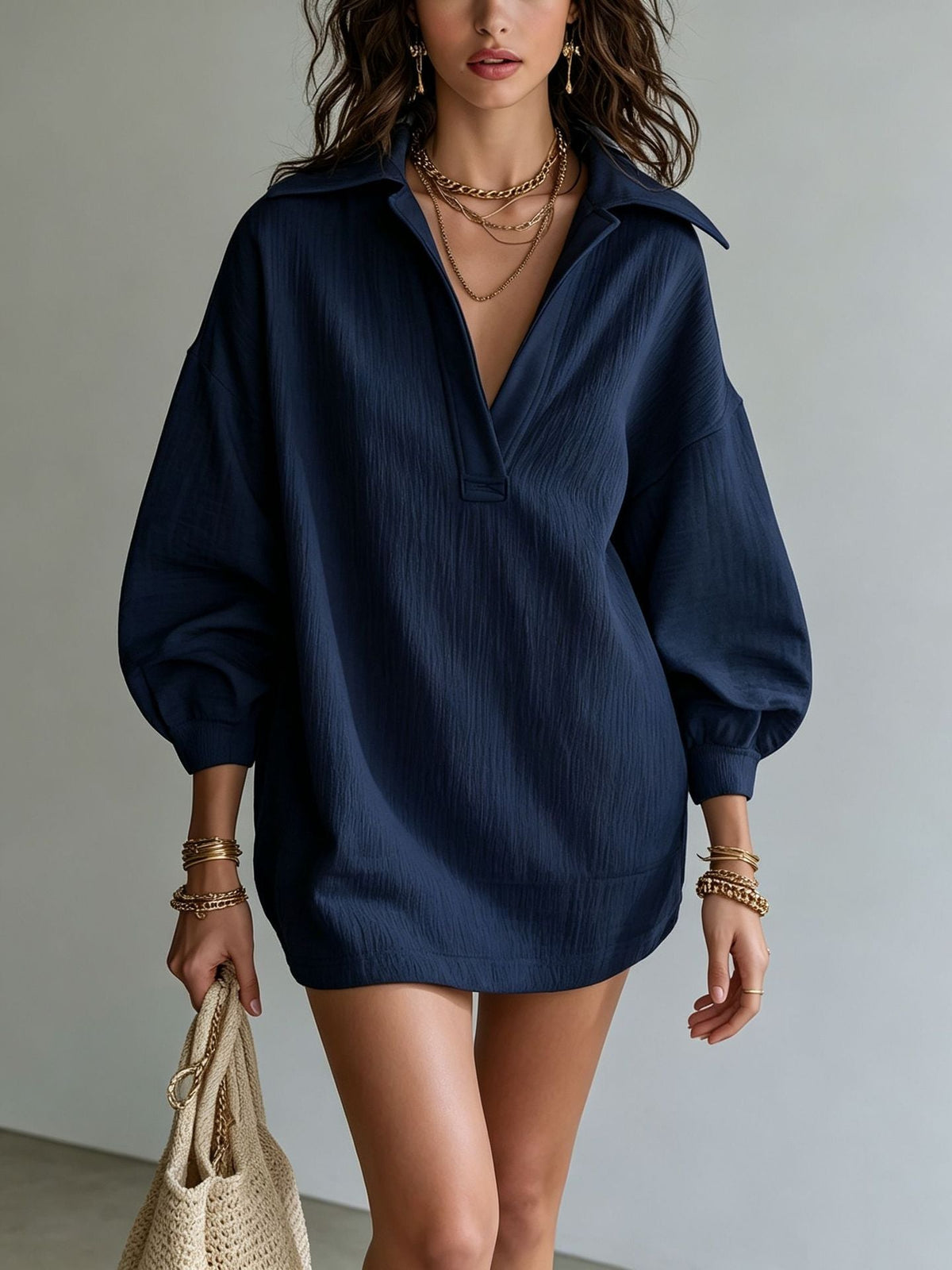 Robe Tunique Col V Texture Crinkle Femme Manches Longues Ample Décontractée Mini-Robe