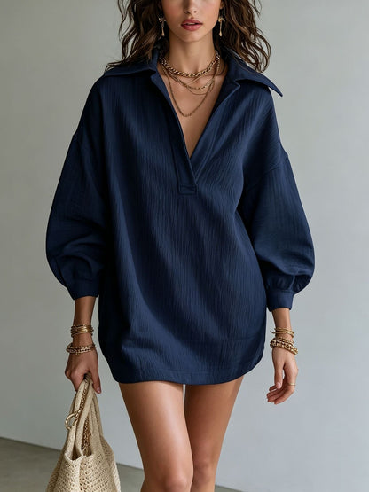 Robe Tunique Col V Texture Crinkle Femme Manches Longues Ample Décontractée Mini-Robe