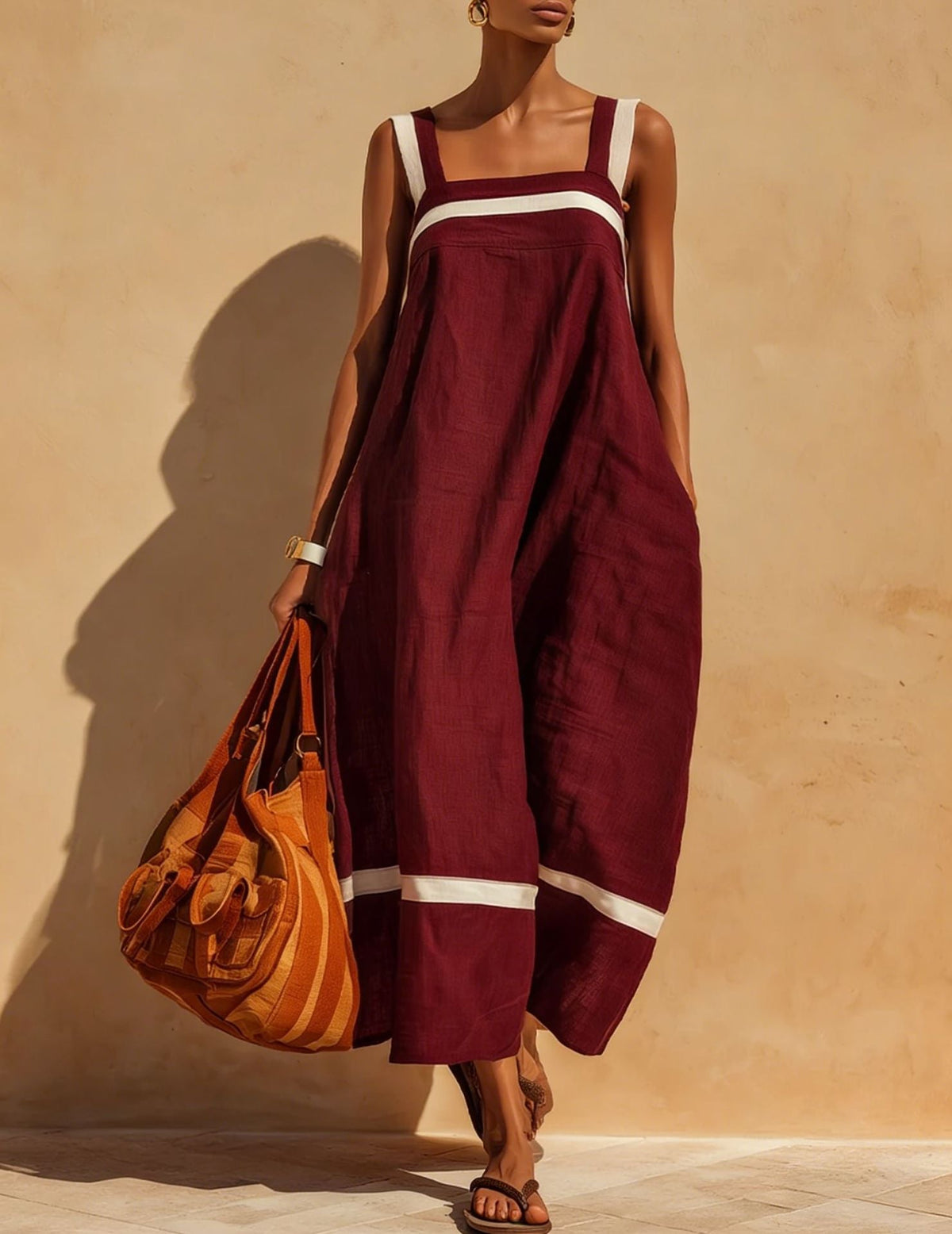 Linen Contrast White Stripe Square Neck Midi Skirt Set