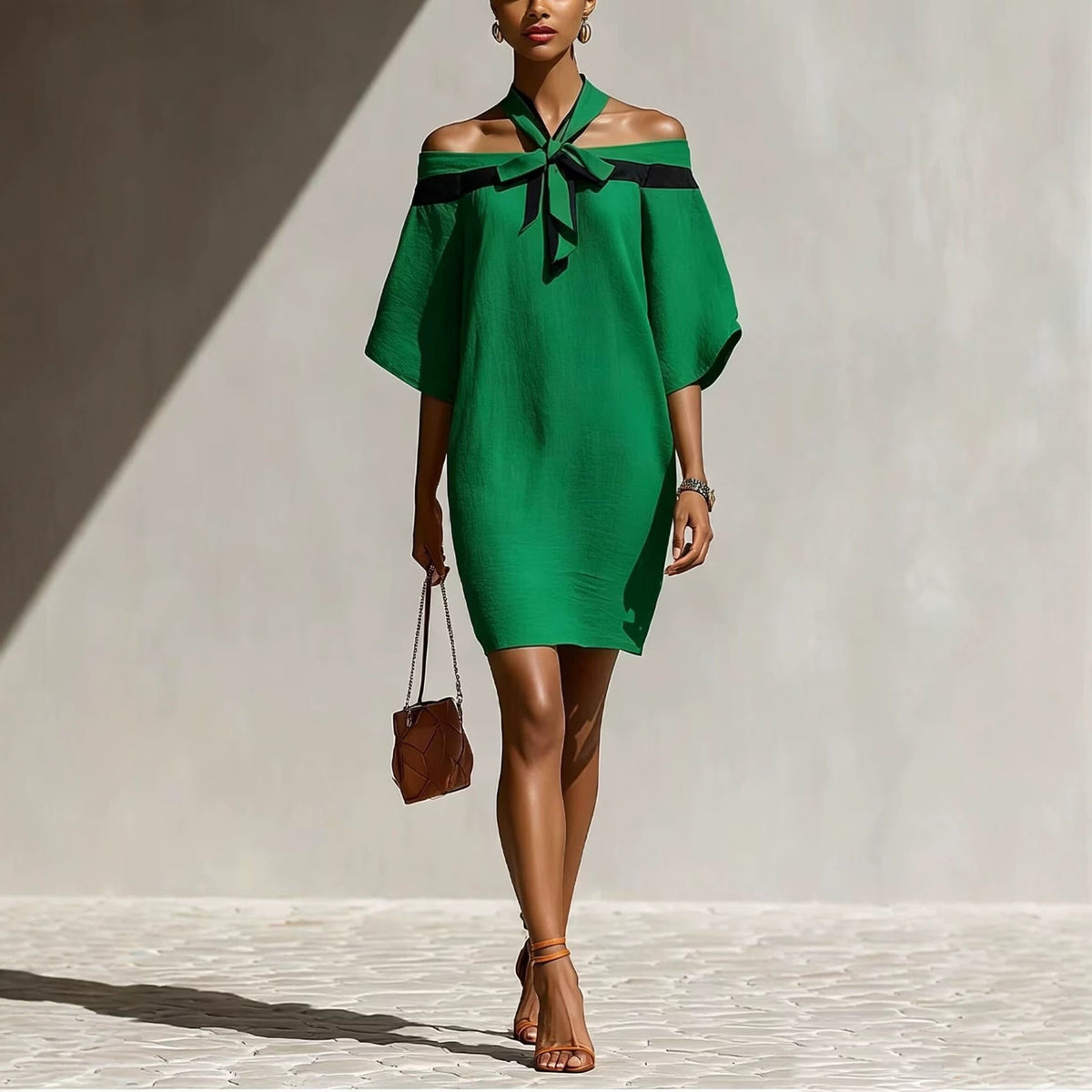Contrast Halter Tie Off Shoulder Loose Mini Tunic Dress