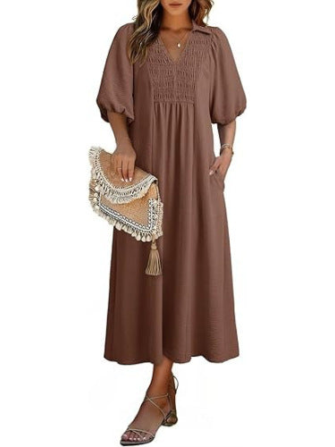 Smocked V‑Neck Puff‑Sleeve Midi Dress - Brown / S