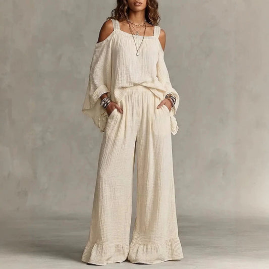 Women Solid Textured Cold Shoulder Batwing Top Elastic Waist Ruffle Wide Leg Pants Matching Set