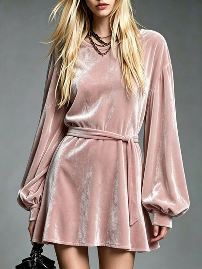 Robe mini à manches longues ballon en velours avec nœud à la taille