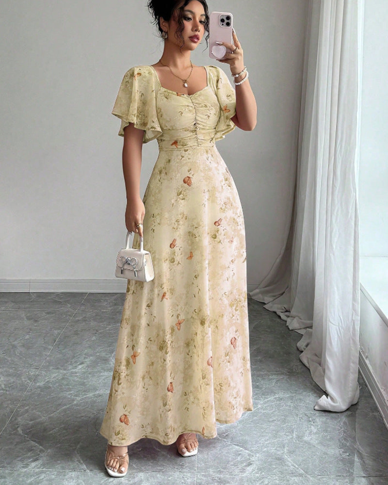 Floral Print Ruched Flutter Sleeve Maxi Dress