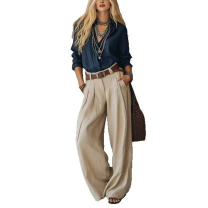 Navy Blue Loose Linen Shirt & Beige Pleated Wide Leg Linen Pants 2 Piece Boho Co-Ord Set