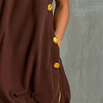 Brown Yellow Piping One Shoulder Button Side Loose Mini Dress
