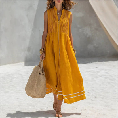 Stand Collar Pleated Zip Front Sleeveless Linen Midi Dress