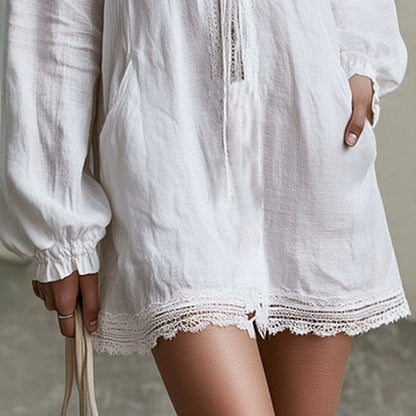 Textured Linen Lace Trim Tie Front Long Sleeve Mini Tunic Dress