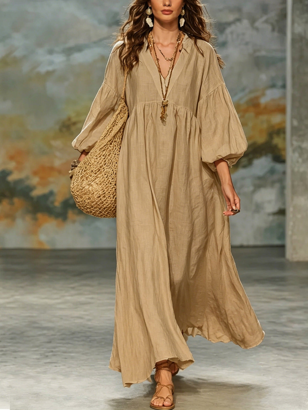 Robe longue Bohème col en V manches ballon en lin mélangé
