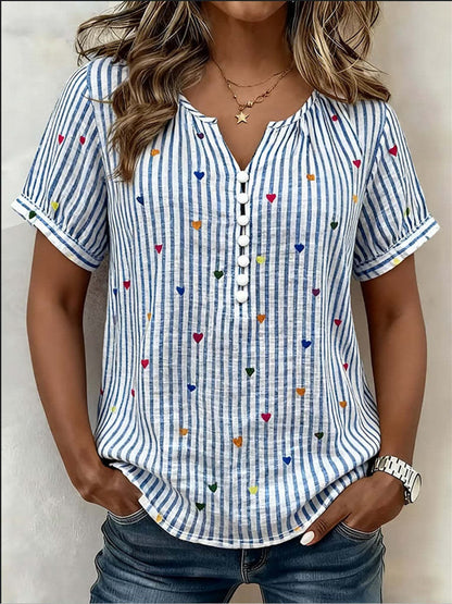 Colorful Heart Striped Henley Blouse